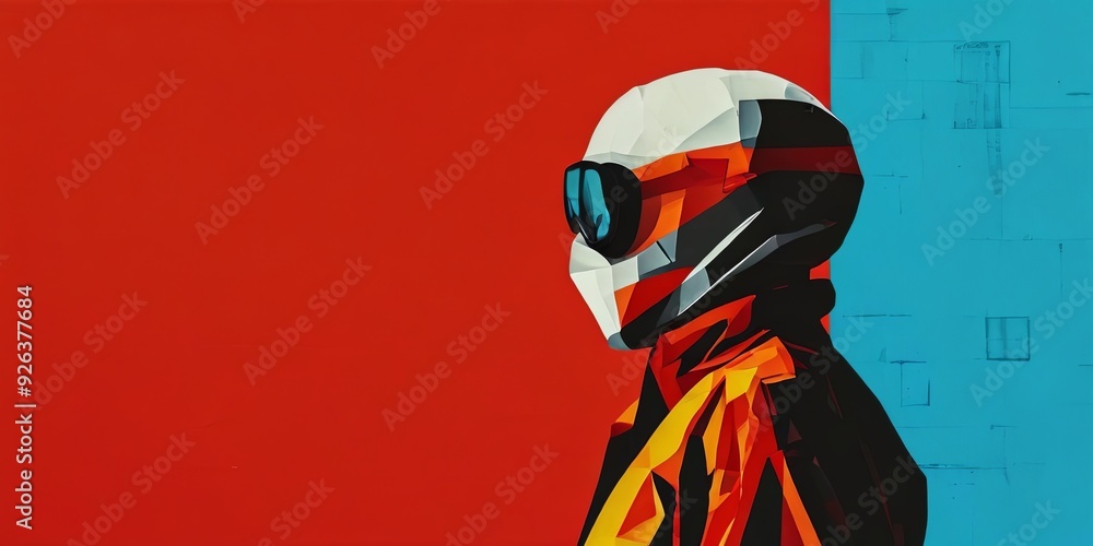 Poster A man in a helmet and goggles is standing in front of a red background