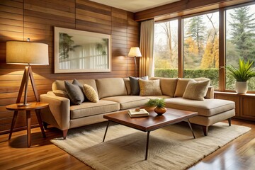 Fototapeta premium A cozy reading nook in a midcentury home features a plush sectional sofa, vintage side tables, and a floor lamp casting a warm, comforting light in a warm beige and wood tone color scheme.