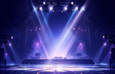 Enchanting Anime-Style Stage with Spotlights Piercing the Darkness, Evoking the Mystical Concert Lighting and Abstract Art Concepts Ideal for Game and Storybook Illustrations, Comic Books, and Picture