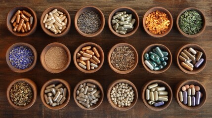 Collection of herbal medicines and natural supplements, top view