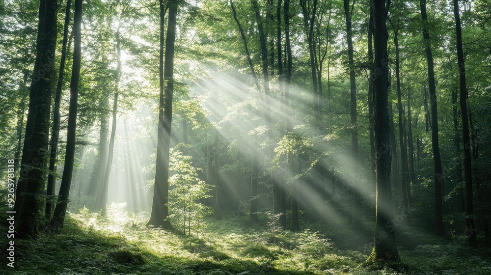 Poster Deep forest with sunlight breaking through the canopy, creating dappled light