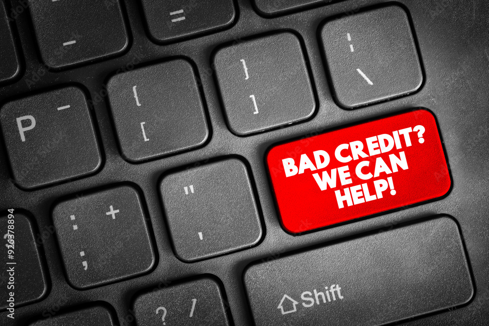 Aufkleber bad credit question we can help text button on keyboard, concept background
