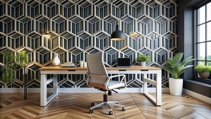 Fototapeta premium bold black-and-white geometric pattern on a statement wall in a chic modern home office with sleek metallic accents and ergonomic chair