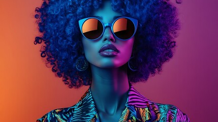 A woman with a big afro hairstyle wears blue sunglasses and has a serious expression on her face. She is wearing a colorful patterned shirt. The background is a gradient of pink and orange.