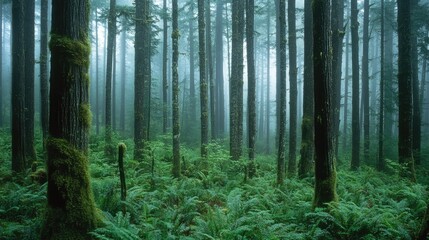 Fototapeta premium Dense forest with tall, slender trees and a carpet of ferns, early morning mist