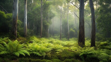 Obraz premium Dense forest with tall, slender trees and a carpet of ferns, early morning mist