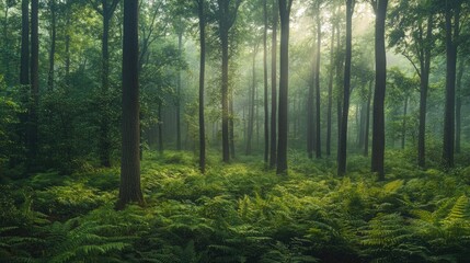 Dense forest with tall, slender trees and a carpet of ferns, early morning mist