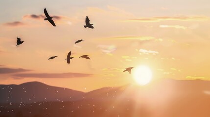 Obraz premium Birds flying in the sky at sunset, isolated on a gradient orange and yellow background with a radial gradient from light to dark orange.
