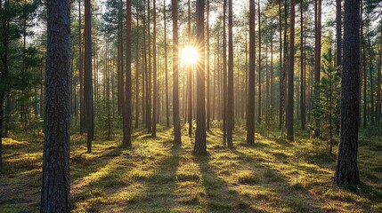Obraz premium Dense pine forest with sunlight streaming through the needles, tranquil scene