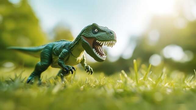 Green toy dinosaur isolated on white background. 3D rendering for websites, brochures, presentations about prehistory, archeology, dinosaurs.