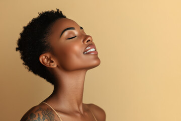 A close up of a tattooed black woman's face with her eyes closed