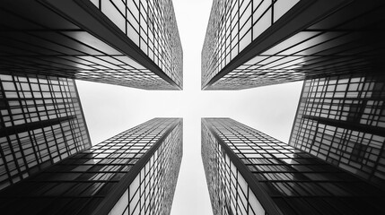 Fototapeta premium Monochrome image of a contemporary office tower with sleek glass windows capturing the sky s reflection and the urban landscape in its surroundings.