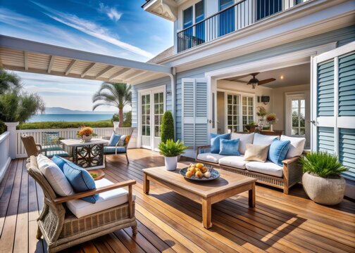 CoastalCalifornianDreamhouse BrightWhiteShutters WoodenFlooringNatural LightBlueAccentsNauticalTheme RusticWoodFurnitureCozyPorchOutdoorLiving