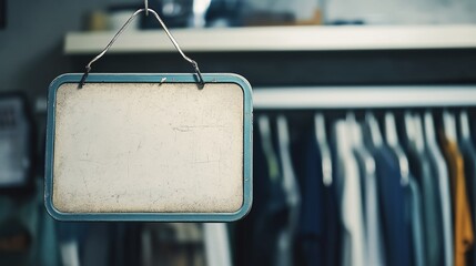 Rustic wooden sign with inspirational quote hanging in a trendy clothing store with stylish clothes on display in the background