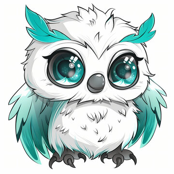 Cute Chibi White Teal Owl in Anime Style, Sticker and Kawaii	
