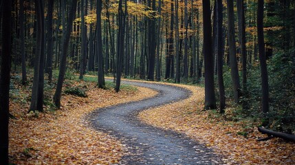 Obraz premium Forest path winding through dense trees, covered in fallen autumn leaves