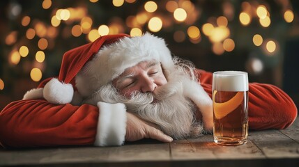 Obraz premium Santa Claus taking a break, savoring a refreshing pint of beer in a cozy setting after successfully completing his global Christmas gift-giving journey