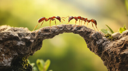 Fototapeta premium Ants work together to build a bridge out of their bodies. --ar 16:9 --v 6.1 Job ID: f8cd3d71-3e14-447b-8f1c-365bf0c50f6b
