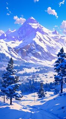Fototapeta premium Majestic Norwegian Winter Wonderland: Anime-Style 4K Scene of Snowy Plains, Glaciers, and Northern Lights. Enchanting Landscape for 2025 Winter Marketing, UI Design, and Festive Holiday Themes. Dreamy