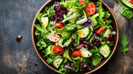 Fresh garden salad with mixed greens and vinaigrette, top view