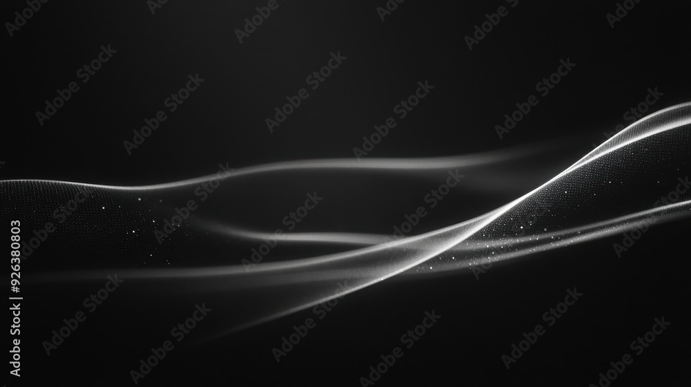 Poster abstract black and white waves with subtle light effects creating a serene atmosphere.