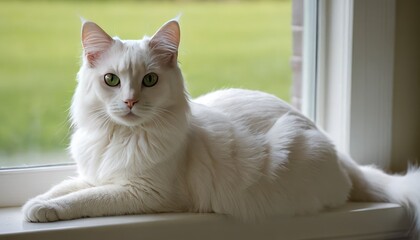 A beautiful American Curl cat with piercing green eyes rests on a windowsill, bathed in soft daylight, showcasing its luxurious fur and calm, regal demeanor