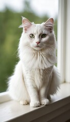 A majestic American Curl cat with bright green eyes lounges gracefully on a windowsill, its soft fur glowing in the natural light, creating a serene and elegant scene