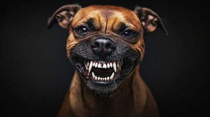 Fierce Rottweiler Displaying Aggression on Dark Black Background with Blurred Foreground, Conveying Intensity and Dominance