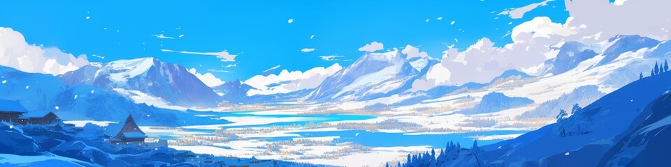 Fototapeta premium Enchanting Winter Wonderland: Anime-Style 4K Scene of Western Sichuan Plateau. Serene Snowy Mountains, Valleys, Lakes, and Oceans in Vibrant Colors. Perfect for 2025 Winter Marketing, UI Design, and F