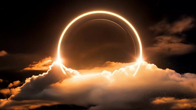 Golden ring emerging from behind white clouds