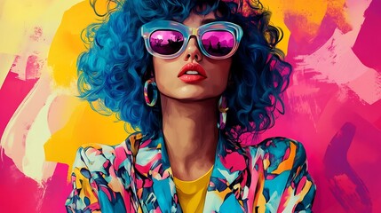 A woman with bright blue hair and pink sunglasses looks intensely at the camera. She is wearing a multi-colored patterned jacket and a yellow top, with large colorful earrings.