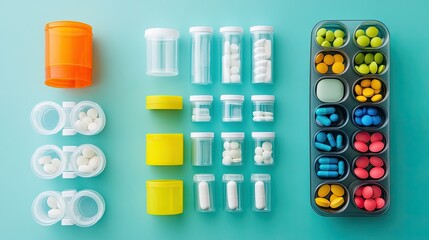 Set of colorful pill organizers and medication bottles, top view