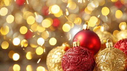 Festive Red and Gold Christmas Ornaments with Bokeh Background