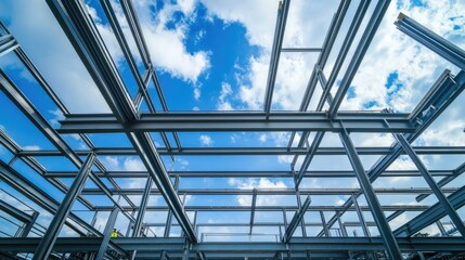 Steel framework of a building under construction with blue sky background