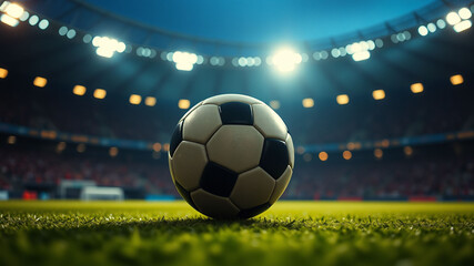 Obraz premium Soccer ball at stadium center under bright lights