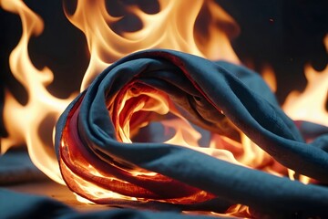 Fabric burning in flames with bright orange and yellow colors.