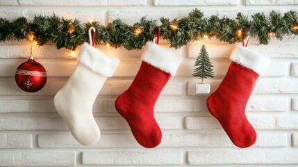 Stockings in a Cozy Christmas Living Room with Tree, Gifts on White Brick Wall