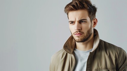 Fototapeta premium A man with brown hair and a beard wears a tan jacket and stares thoughtfully at something off-camera.