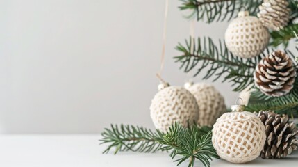 Minimalist Christmas Background with Pinecones and Christmas Ornaments on White Surface