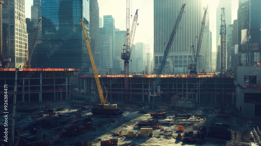 Poster view of a construction site with multiple cranes and a new building