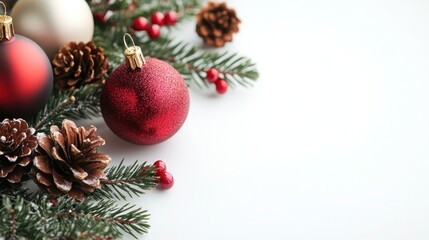 Vibrant Christmas Background with Red and Gold Ornaments on White Surface