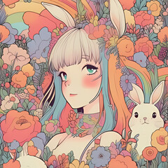 child, vector, cartoon, illustration, love, flower, baby, fairy, woman, pink, princess, beauty, dress, angel, kid, heart, card, bunny, pattern, summer, holiday, rabbit, art, fashion, animal, hair, fac