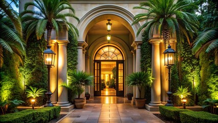 Fototapeta premium Elegant private estate entrance with stately columns grand arched doorway lush tropical greenery soft warm lighting refined classic architecture sophisticated black tie affair ambiance
