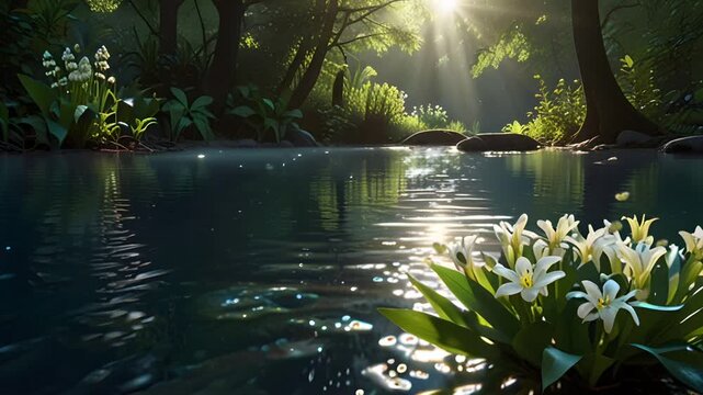 The quiet atmosphere of the river in the middle of a dense forest with lots of lilies. Seamless 4K looping timelapse video animation background