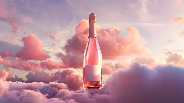 Pink champagne bottle floating above the clouds