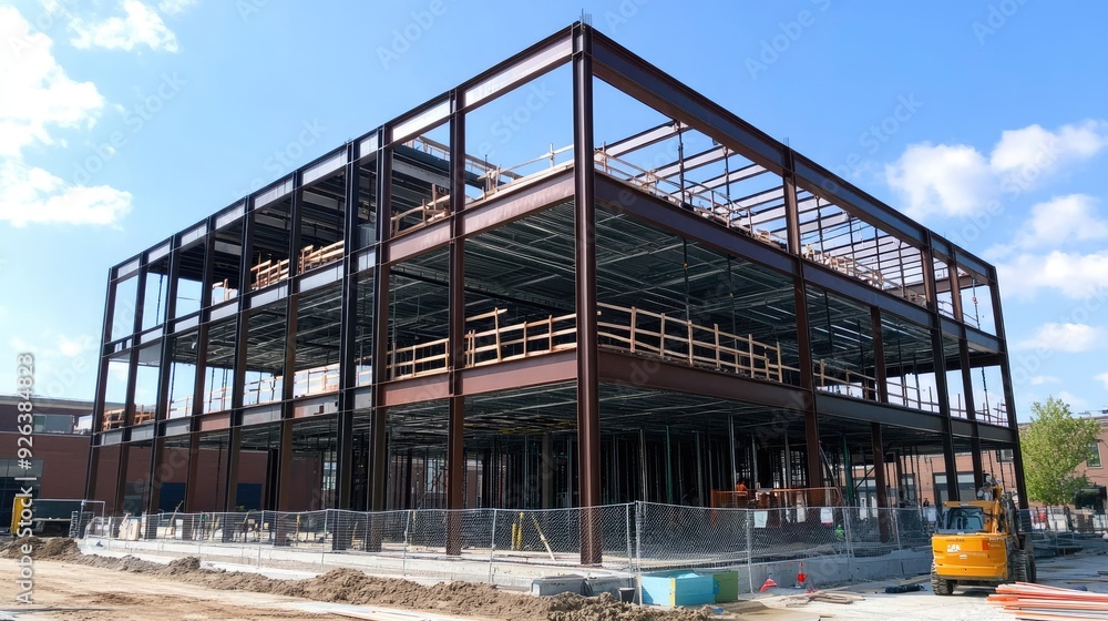 Poster view of a partially constructed building with exposed steel framework