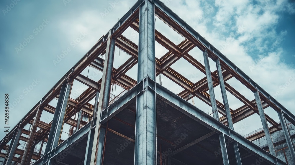 Poster View of a partially constructed building with exposed steel framework