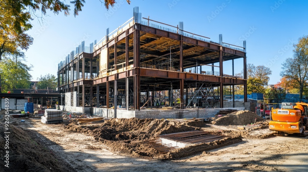 Aufkleber view of a partially constructed building with exposed steel framework