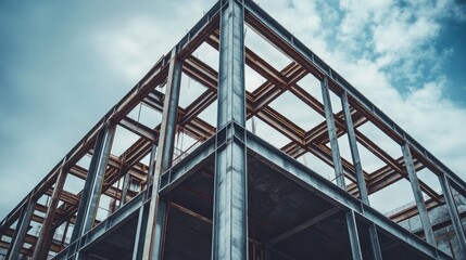 View of a partially constructed building with exposed steel framework