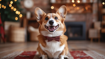 A happy Corgi dog wearing a bow tie, sitting in front of a fireplace and Christmas tree